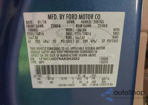 2010 Ford Escape Xlt from USA, damaged, VIN 1FMCU9D76AKB62682